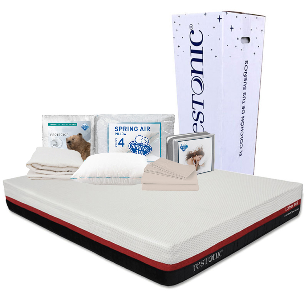 Colchón Restonic Roll Rojo Individual + Almohada Osos + Protector Ultra + Sábanas Basic