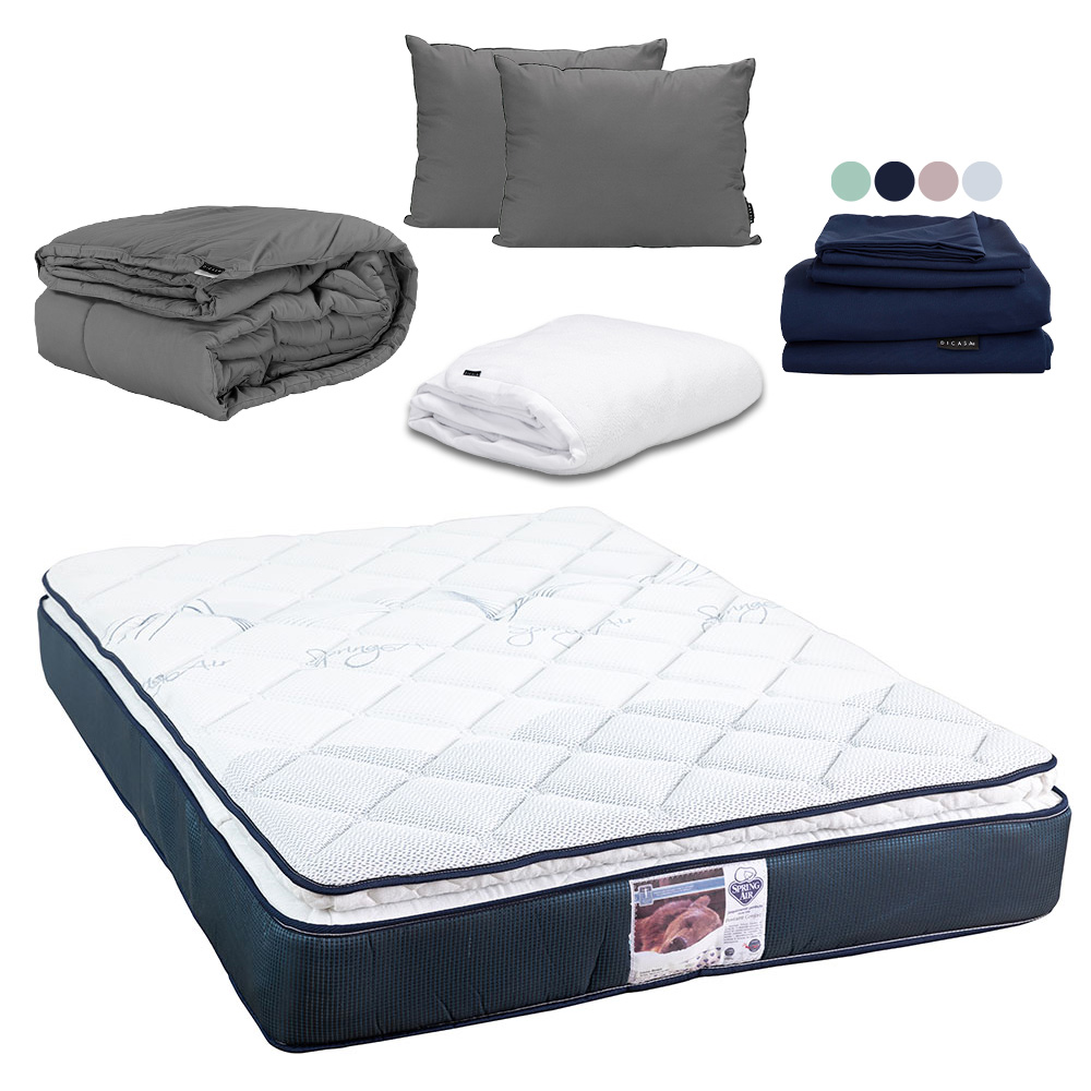 Colchón Spring Air Monaco Color Azul Queen Size + Almohada 2pack  + Protector Cloud  + Sabanas Softy + Edredon Homy