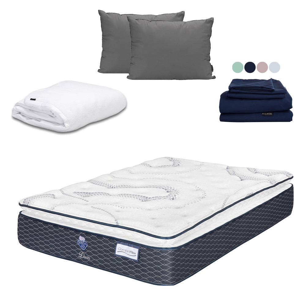 Colchón Spring Air Dover Color Azul King Size + Almohada 2pack  + Protector Cloud  + Sabanas Softy