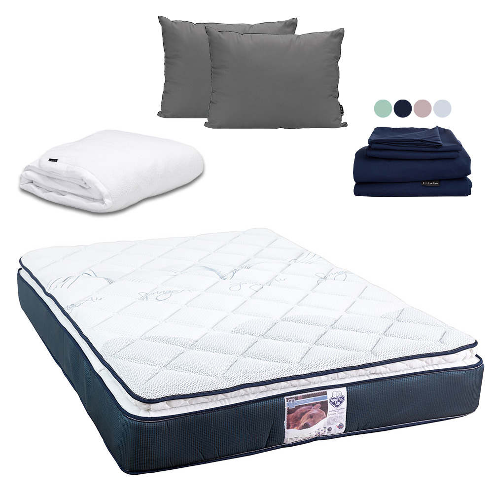 Colchón Spring Air Monaco Color Azul King Size + Almohada 2pack  + Protector Cloud  + Sabanas Softy