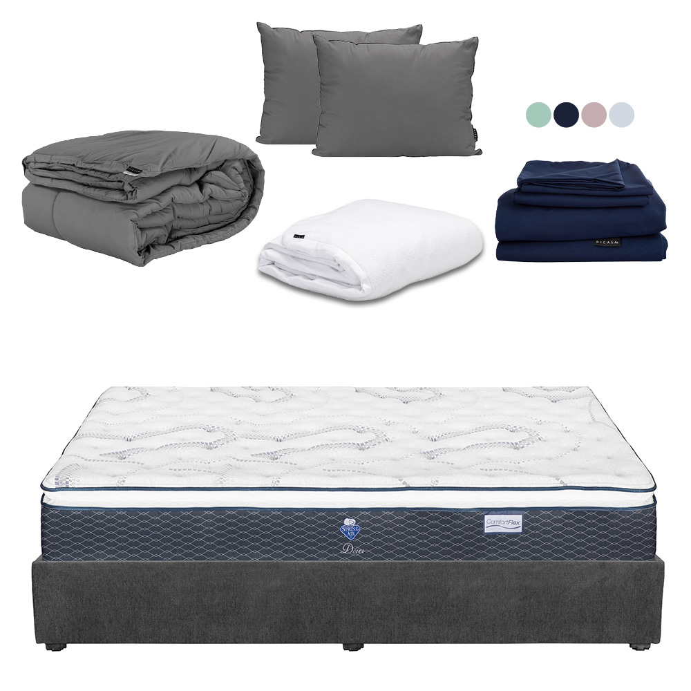 Colchon Spring Air Dover Gris Carbon King Size+base Cama+almohada 2pack+protector Cloud+sabanas Softy+edredon Homy