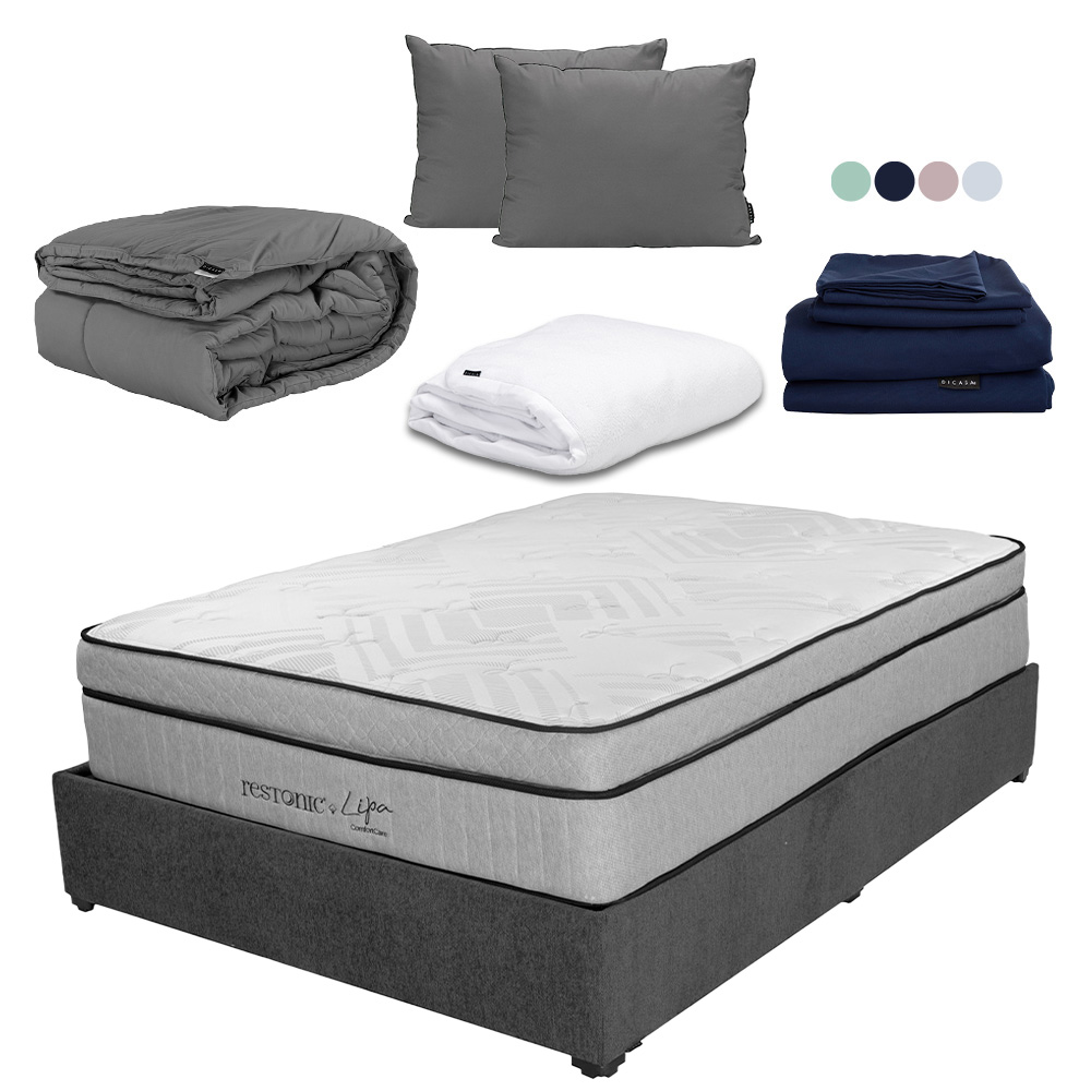 Colchon Restonic Lipa Gris Carbon Queen Size+base Cama+almohada 2pack+protector Cloud+sabanas Softy+edredon Homy