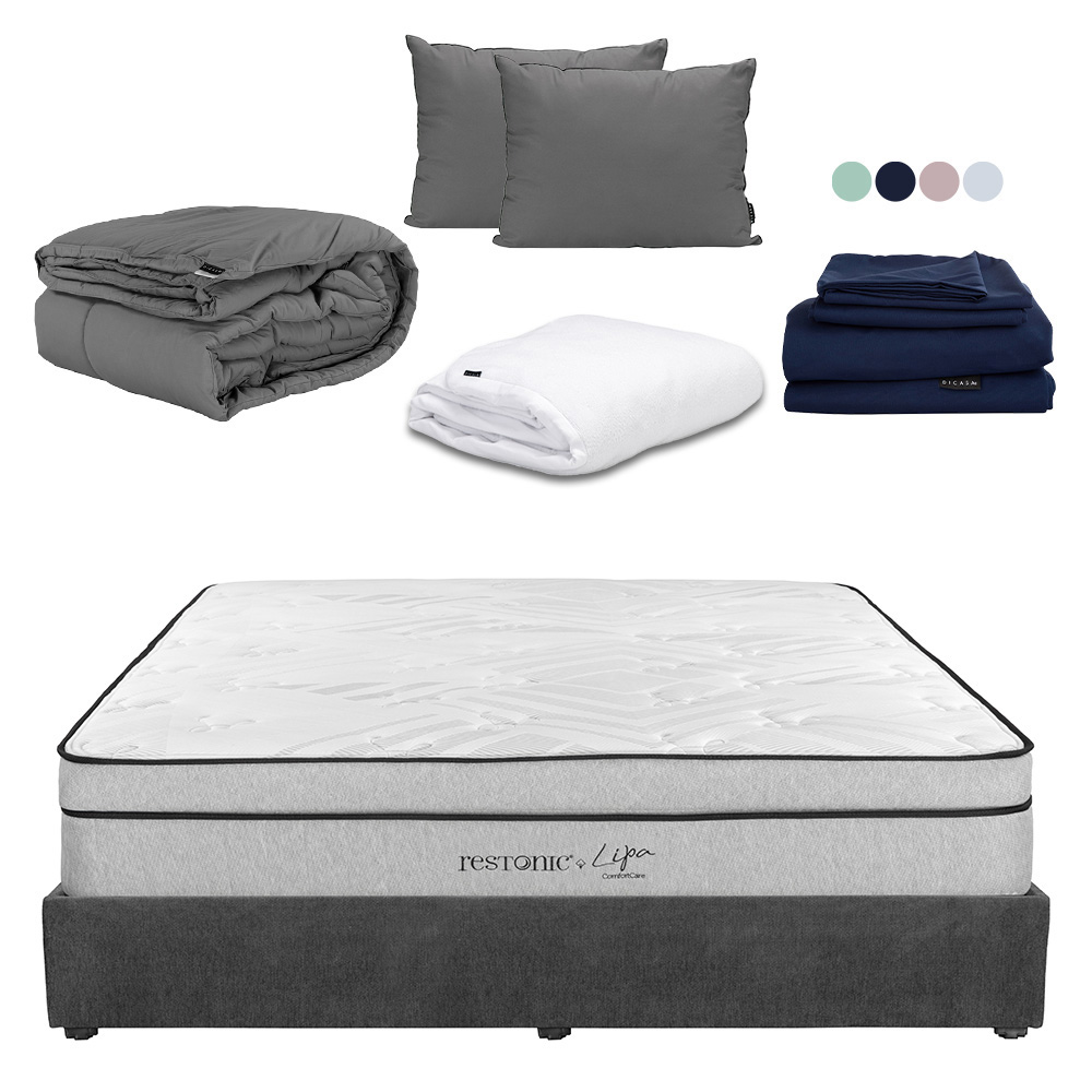 Foto 2 pulgar | Colchon Restonic Lipa Gris Carbon King Size+base Cama+almohada 2pack+protector Cloud+sabanas Softy+edredon Homy