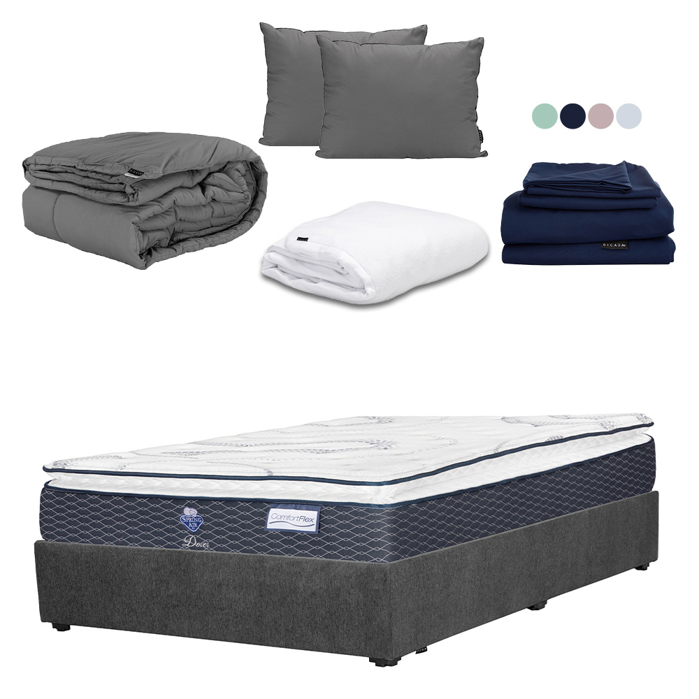Colchon Spring Air Dover Gris Carbon Matrimonial+base Cama+almohada 2pack+protector Cloud+sabanas Softy+edredon Homy