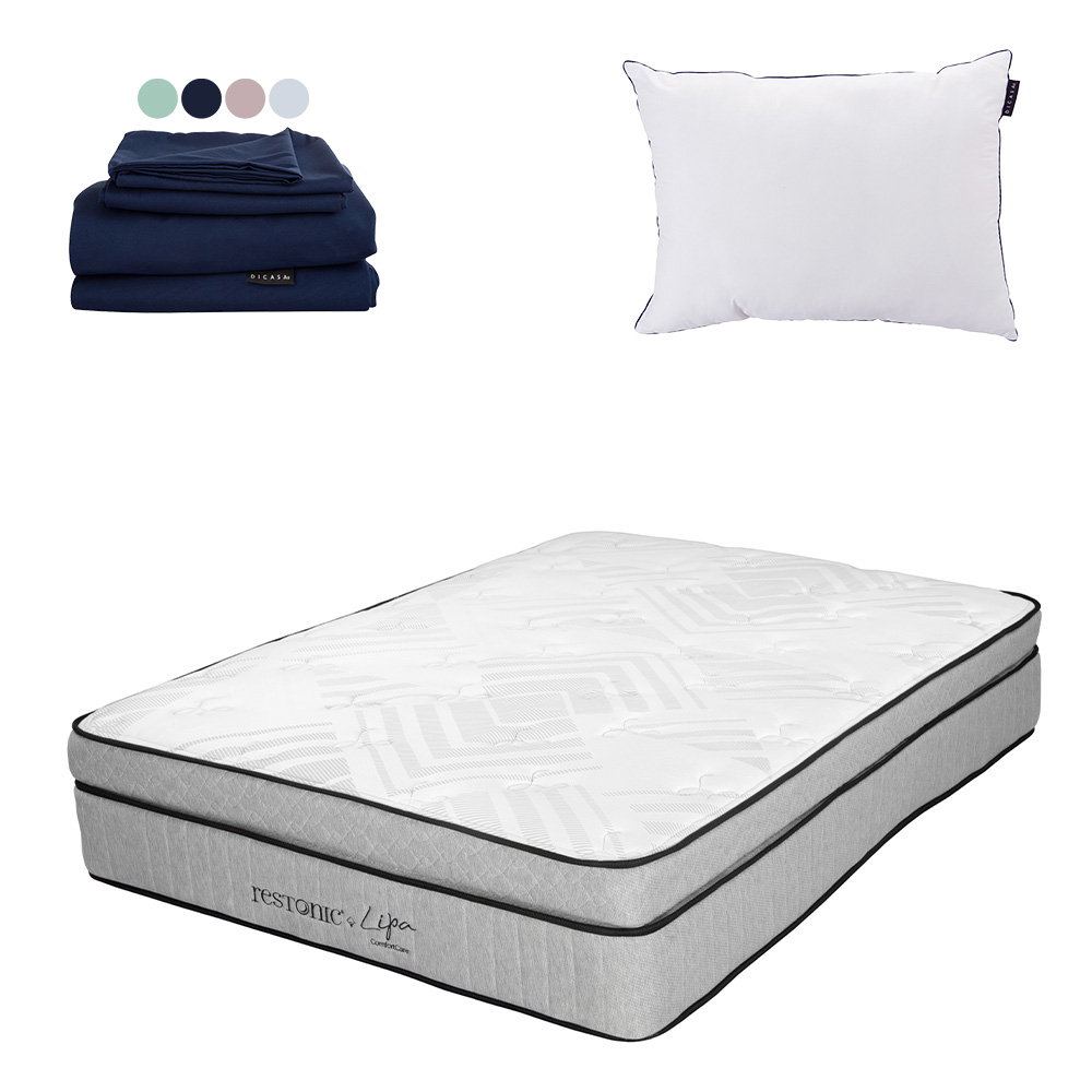 Colchón Restonic Lipa Color  Blanco Matrimonial + Almohada One + Sábanas Softy