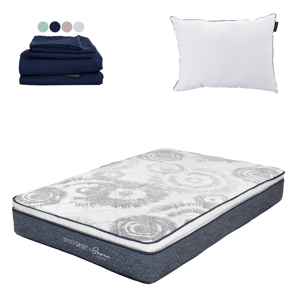 Colchón Restonic Ghana Color  Blanco King Size + Almohada One + Sábanas Softy