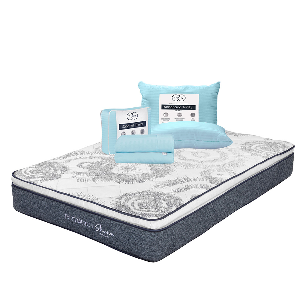 Colchón Restonic Ghana Color Azul Matrimonial + Almohada Trinity + Sábanas Trinity