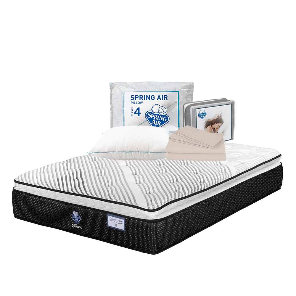Colchón Spring Air Alaska Color Blanco Matrimonial + Almohada Osos + Sábanas Basic