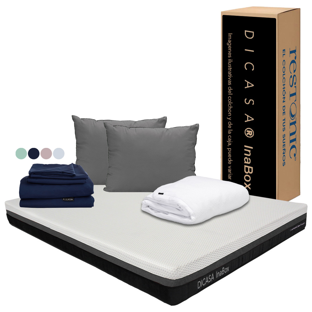 Colchón Dicasa Inaboxcolor Blanco Queen Size  + Almohada 2pack + Protector Cloud + Sábanas Softy