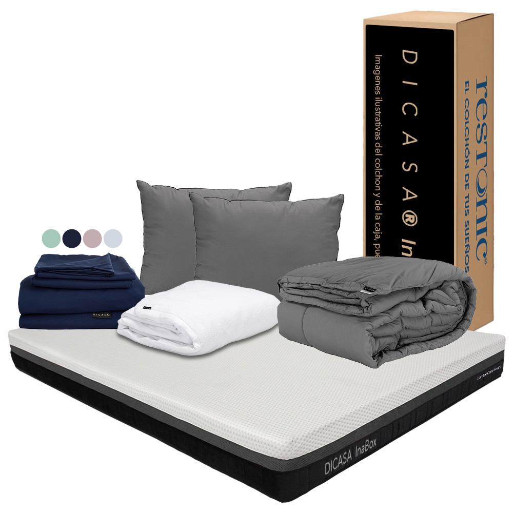 Colchón Dicasa Inabox Color Blanco Queen Size  + Almohada 2pack + Protector Cloud + Sábanas Softy + Edredón Homy