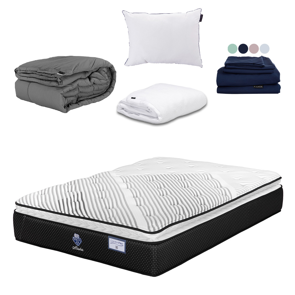 Colchón Spring Air Alaska Color Negro Matrimonial + Almohada One + Protector Cloud + Sábanas Softy + Edredón Homy