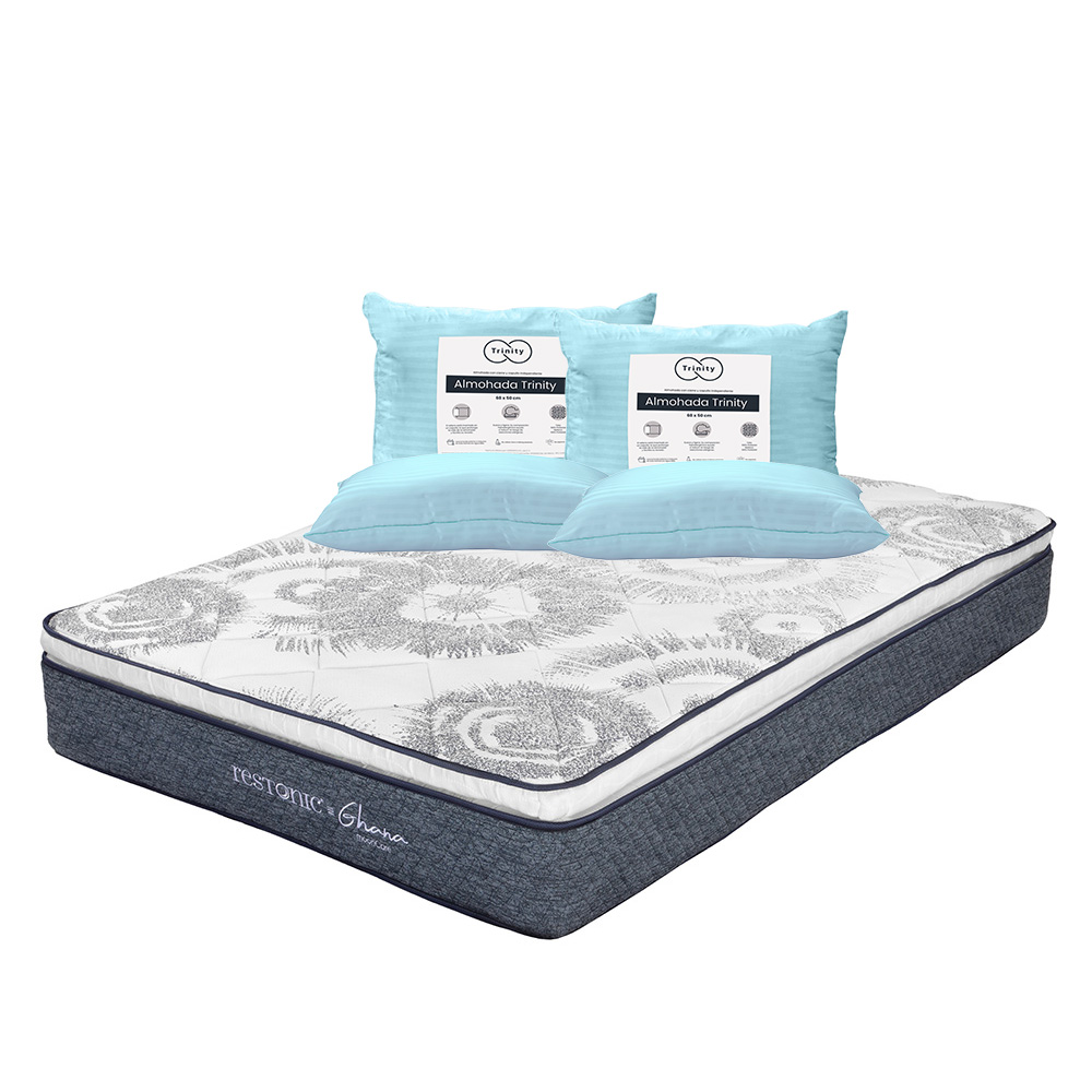 Colchón Restonic Ghana Color Azul Queen Size + 2 Almohadas Trinity