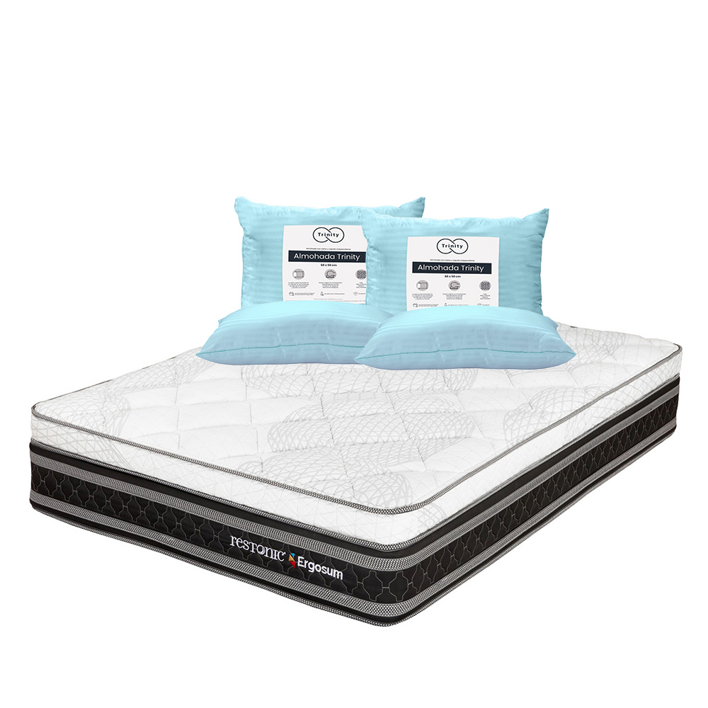 Colchón Restonic Ergosum Color Negro Queen Size + 2 Almohadas Trinity