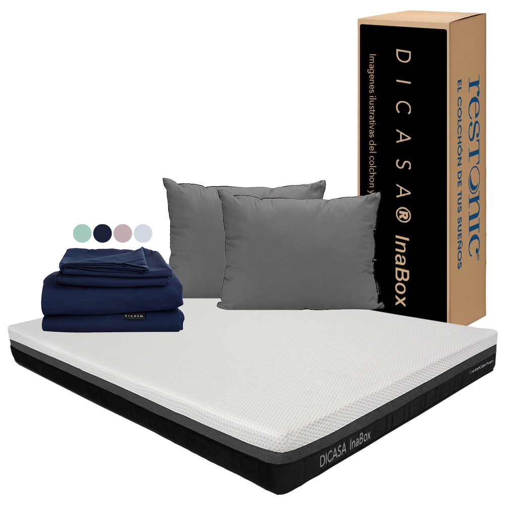 Colchón Dicasa Inabox Color Blanco Queen Size + Almohada 2pack + Sábanas Softy