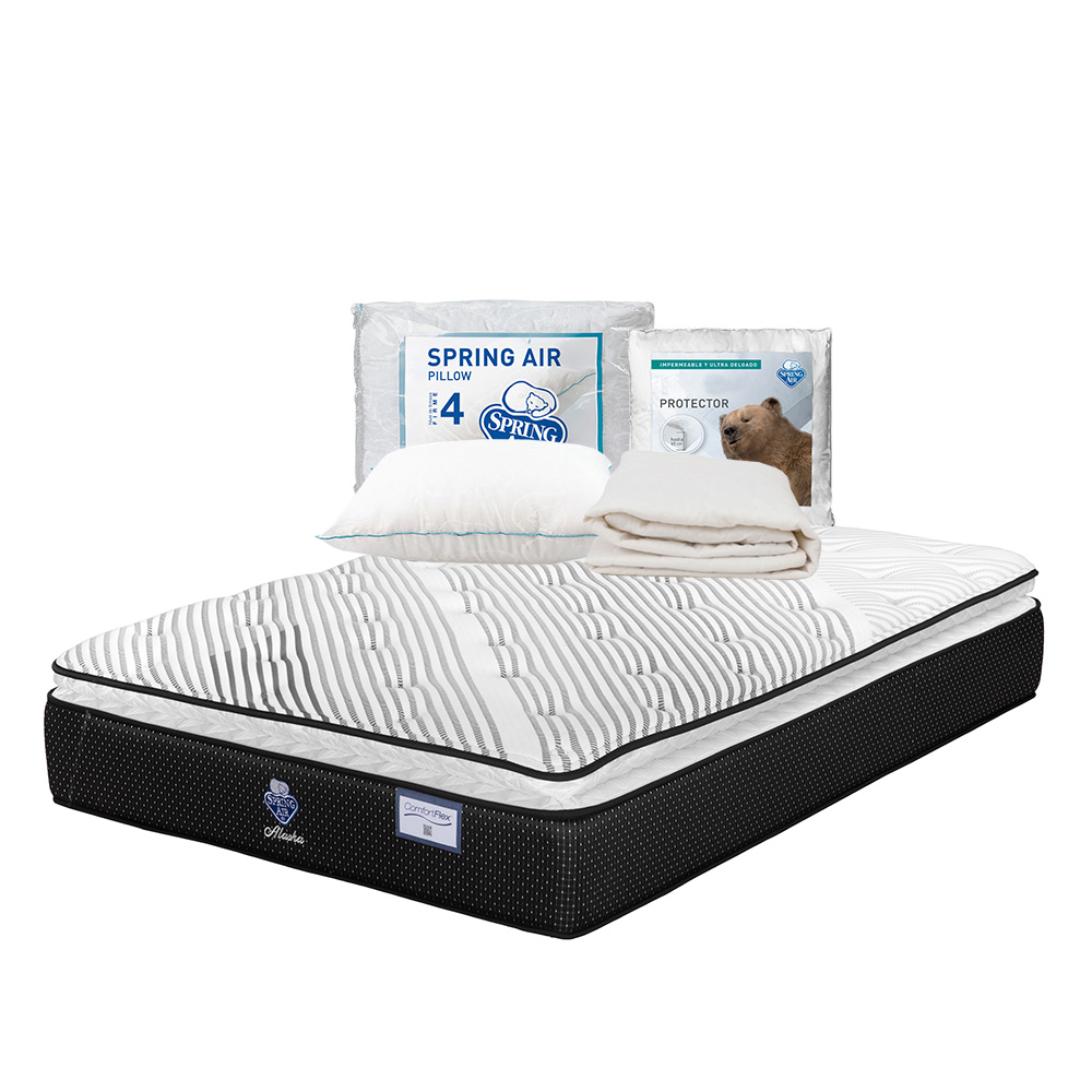 Colchón Spring Air Alaska Color Blanco Queen Size + Almohada Osos + Protector Ultra