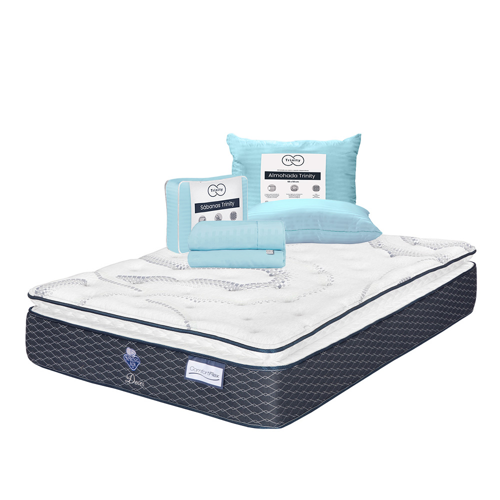 Colchón Spring Air Dover Color Azul Matrimonial + Almohada Trinity + Sábanas Trinity