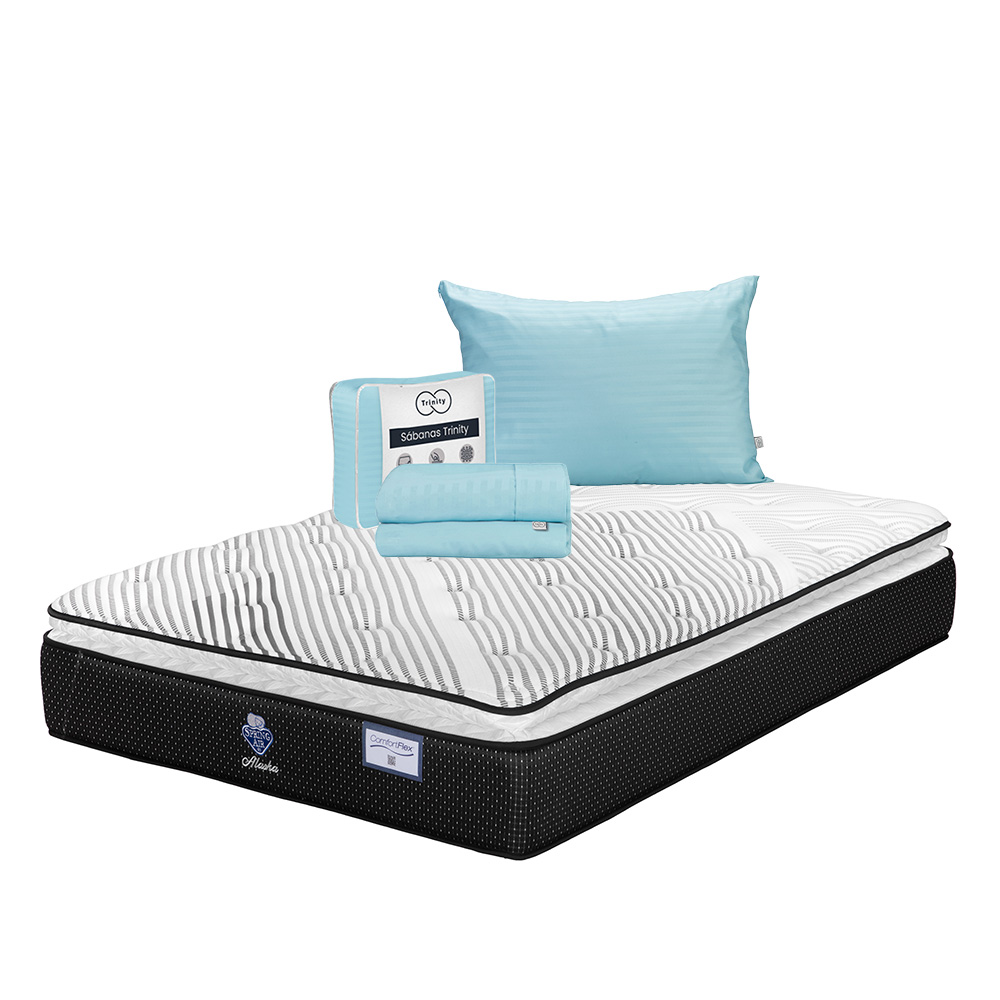 Colchón Spring Air Alaska Color Blanco King Size + Almohada Trinity + Sábanas Trinity