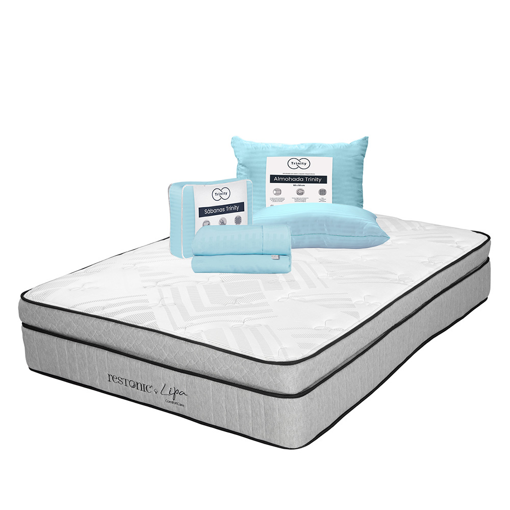 Colchón Restonic Lipa Color Gris King Size + Almohada Trinity + Sábanas Trinity