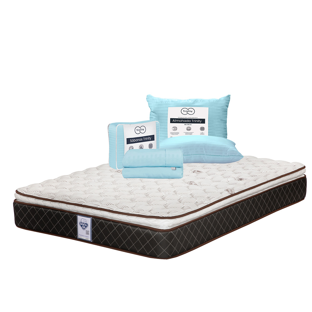 Colchón Spring Air Minesota Color Café Queen Size + Almohada Trinity + Sábanas Trinity