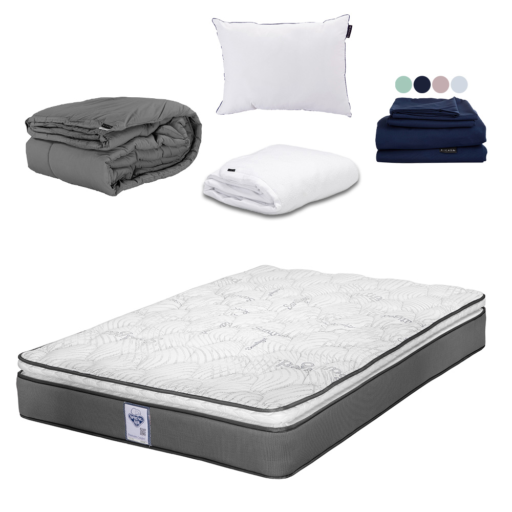 Colchón Spring Air Prestige King Size + Almohada One + Protector Cloud + Juego De Sábanas Softy + Edredón Homy