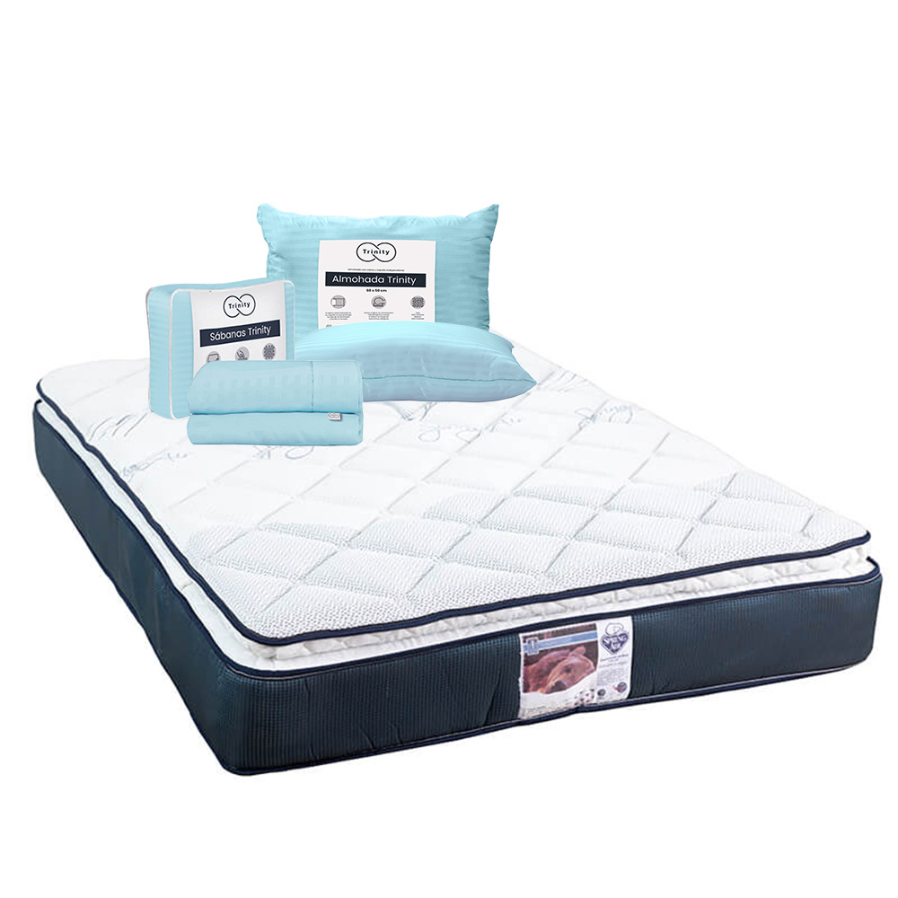Colchón Spring Air Mónaco Color Azul Matrimonial + Almohada Trinity + Sábanas Trinity