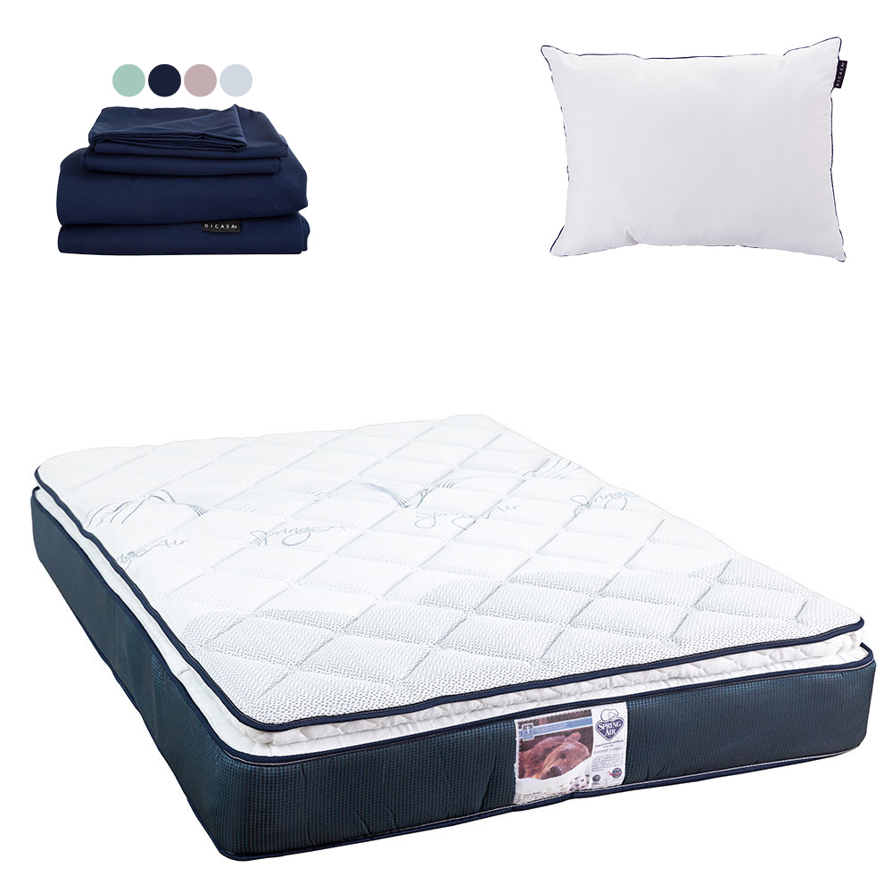 Colchón Spring Air Monaco Color Azul Queen Size + Almohada One + Sábanas Softy