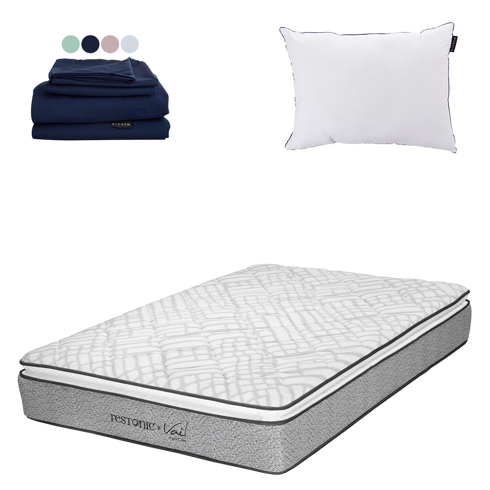 Colchón Restonic Vail Color Gris Queen Size + Almohada One + Sábanas Softy