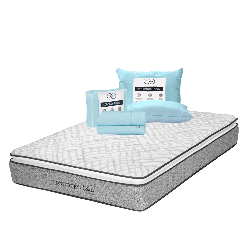 Colchón Restonic Vail Color Gris Queen Size + Almohada Trinity + Sábanas Trinity