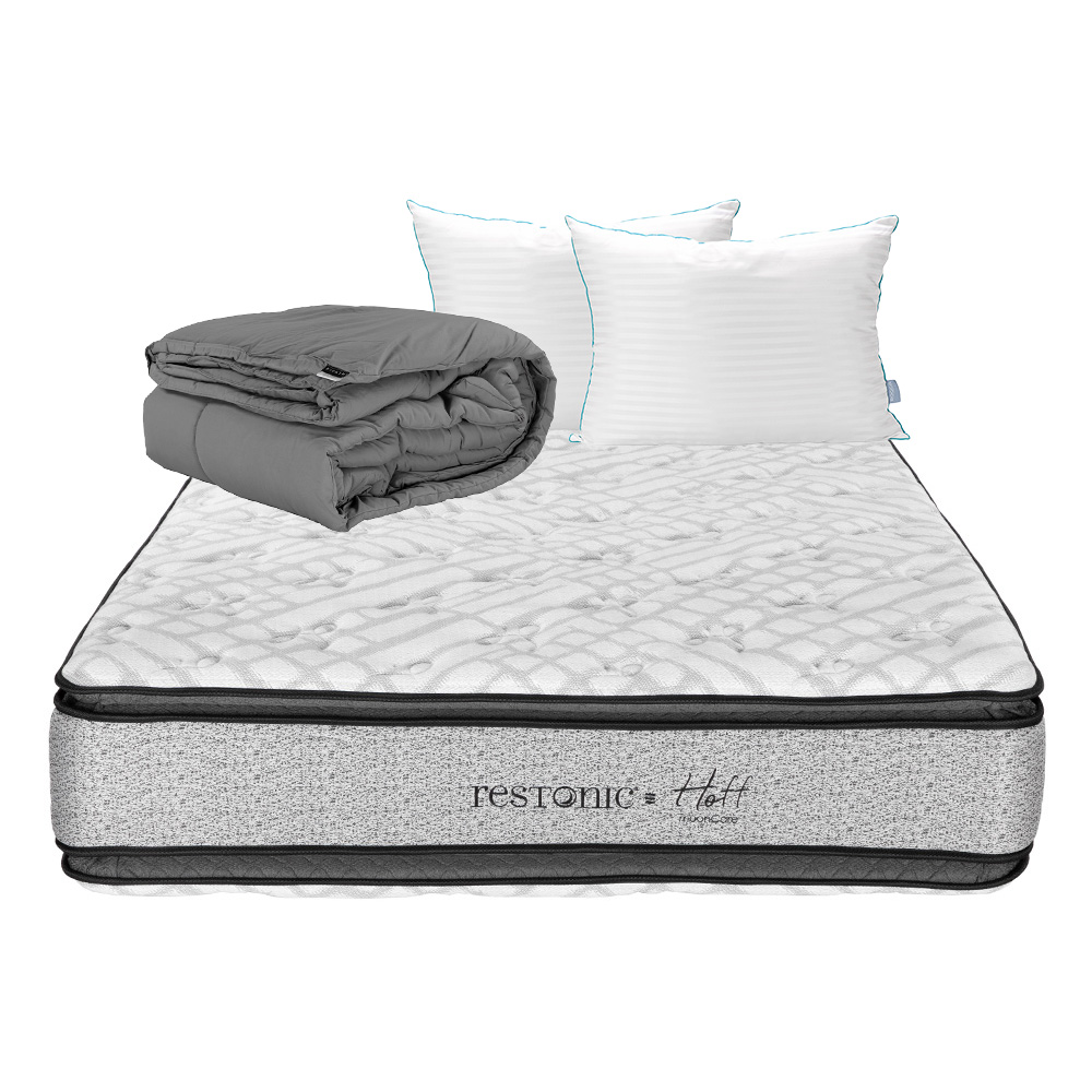 Colchón Restonic Hoff Color Gris Queen Size + Almohada Royal Twin + Edredón Homy