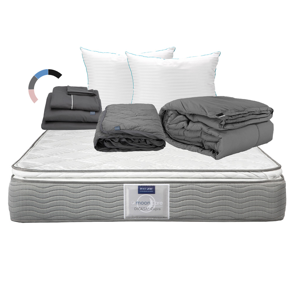 Colchón Dicasa Cupra Color Plata Queen Size + Almohada Royal Twin + Protector Lux + Sábanas Royal + Edredón Homy