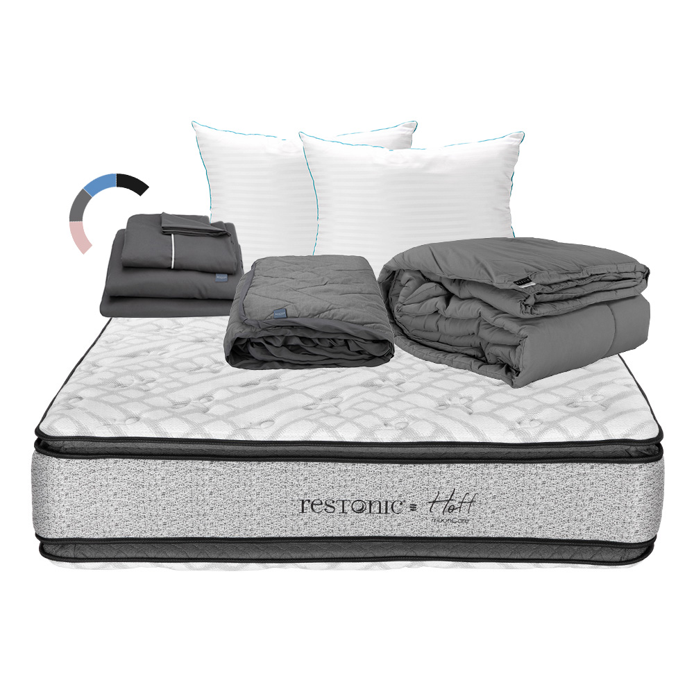 Colchón Restonic Hoff Color Gris Queen Size + Almohada Royal Twin + Protector Lux + Sábanas Royal + Edredón Homy