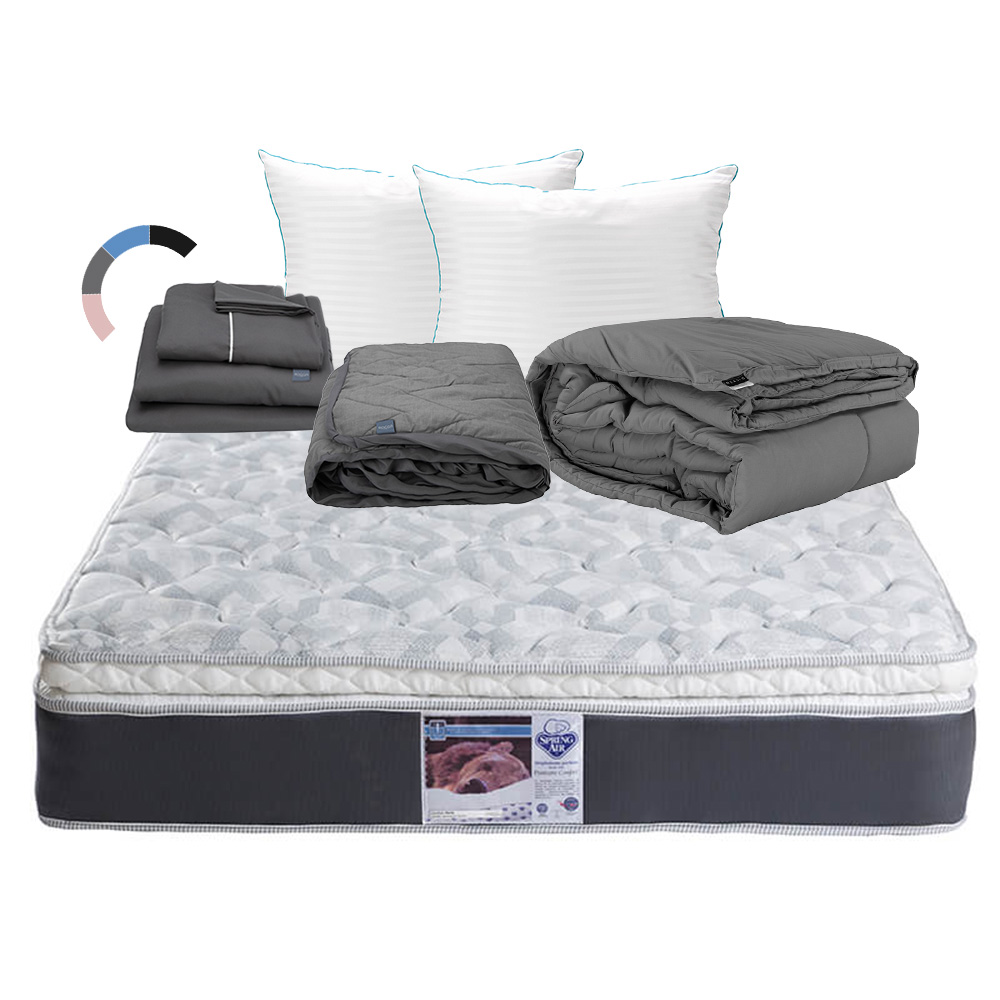Colchón Spring Air Marte Color Gris Matrimonial + Almohada Royal Twin + Protector Lux + Sábanas Royal + Edredón Homy