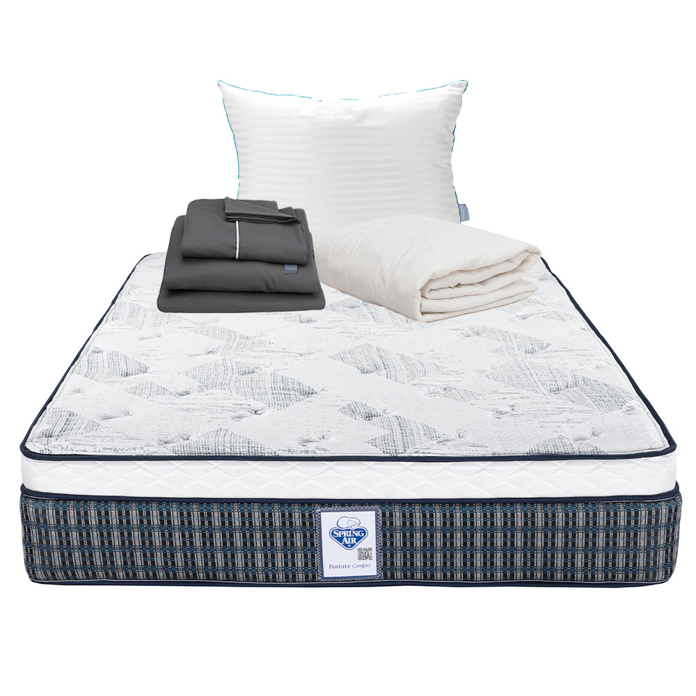 Colchón Spring Air Cardona Color Cuadros Azules Matrimonial + Almohada Royal + Protector Ultra + Sábanas Royal