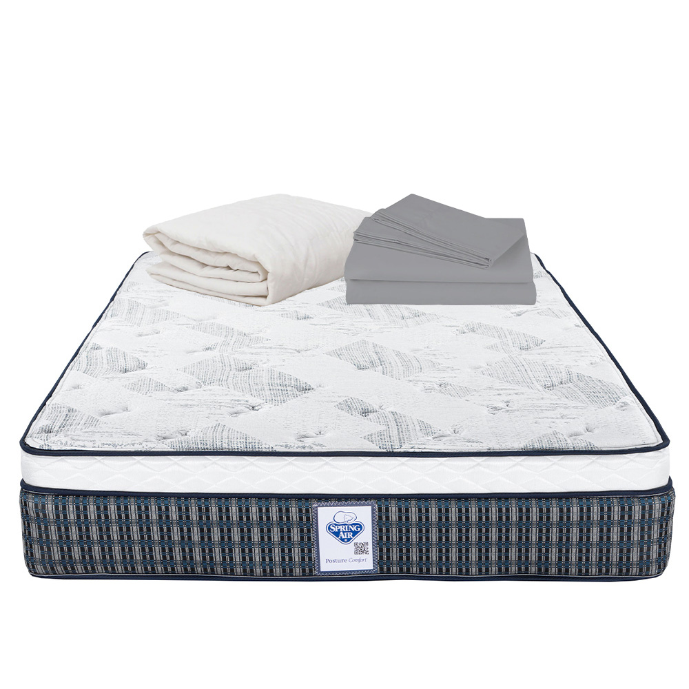 Colchón Spring Air Cardona Color Cuadros Azules King Size + Protector Ultra + Sábanas Basic
