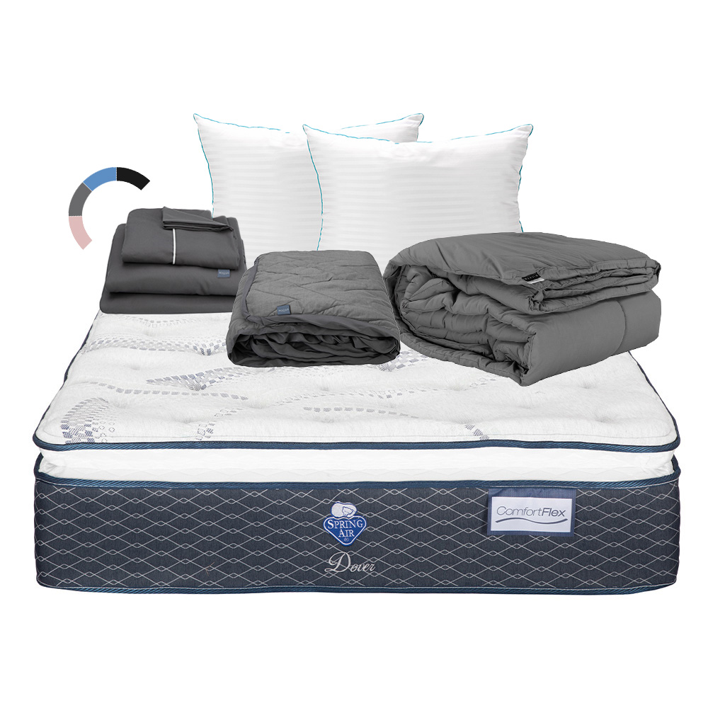 Colchón Spring Air Dover Color Blanco Matrimonial + Almohada Royal Twin + Protector Lux + Sábanas Royal + Edredón Homy