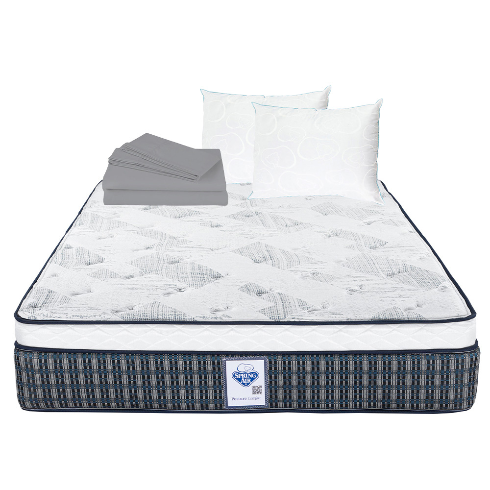 Colchón Spring Air Cardona Color Cuadros Azules Matrimonial + Almohada Oso 2 + Sábanas Basic