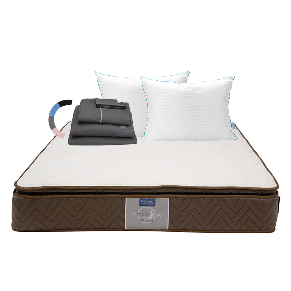Colchón Restonic Nautilus Color Blanco King Size + Almohada Royal Twin + Sábanas Royal