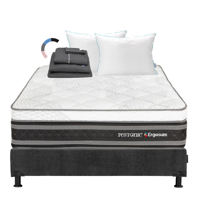 Colchon Restonic Ergosum + Box Matrimonial + Almohada Royal Twin+sabanas Royal Gris