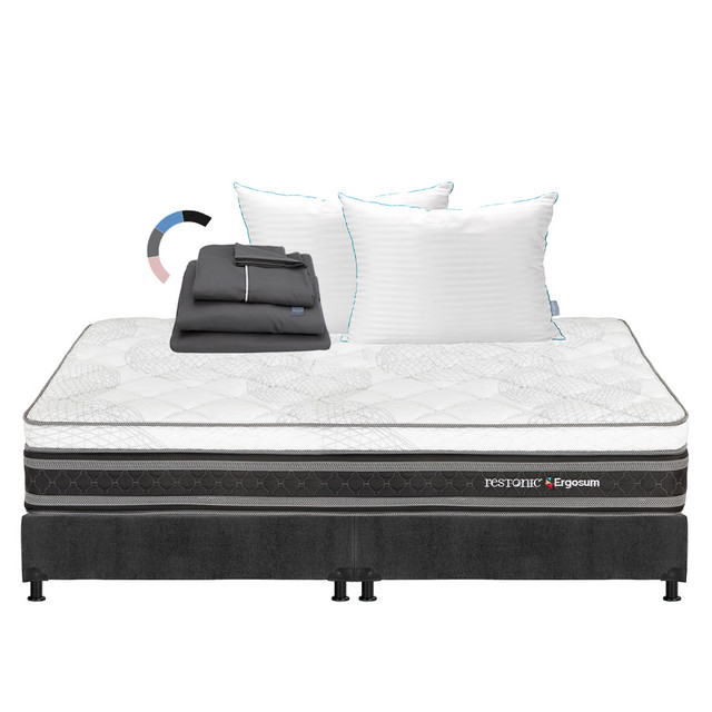 Colchon Restonic Ergosum + Box King Size + Almohada Royal Twin+sabanas Royal Gris