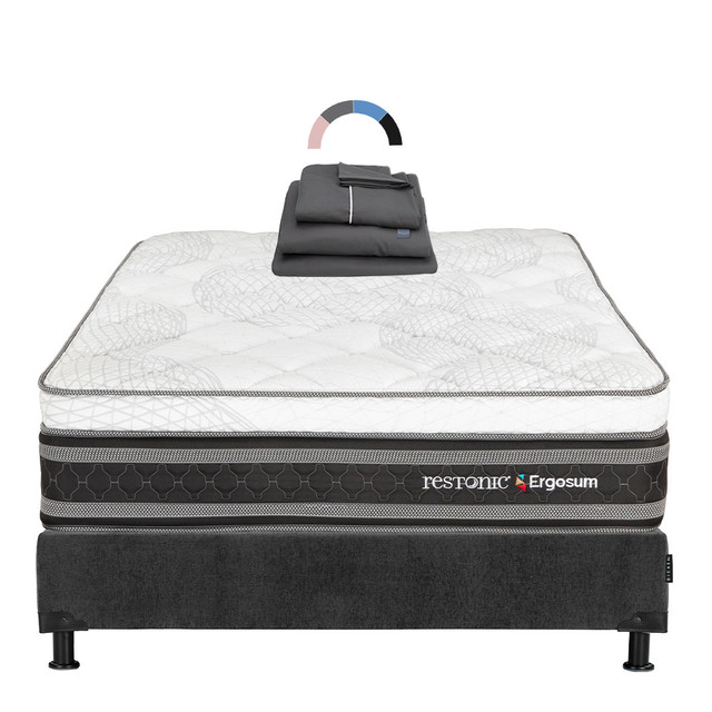 Colchon Restonic Ergosum + Box Matrimonial  + Sabanas Royal Gris