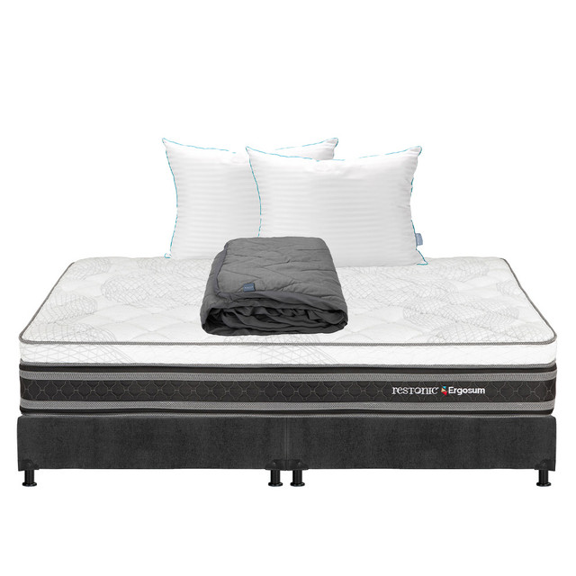 Colchon Restonic Ergosum + Box King Size + Almohada Royal Twin+protector Lux Gris