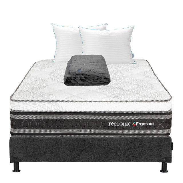 Colchon Restonic Ergosum + Box Matrominial + Almohada Royal Twin+protector Lux Gris Matrimonial
