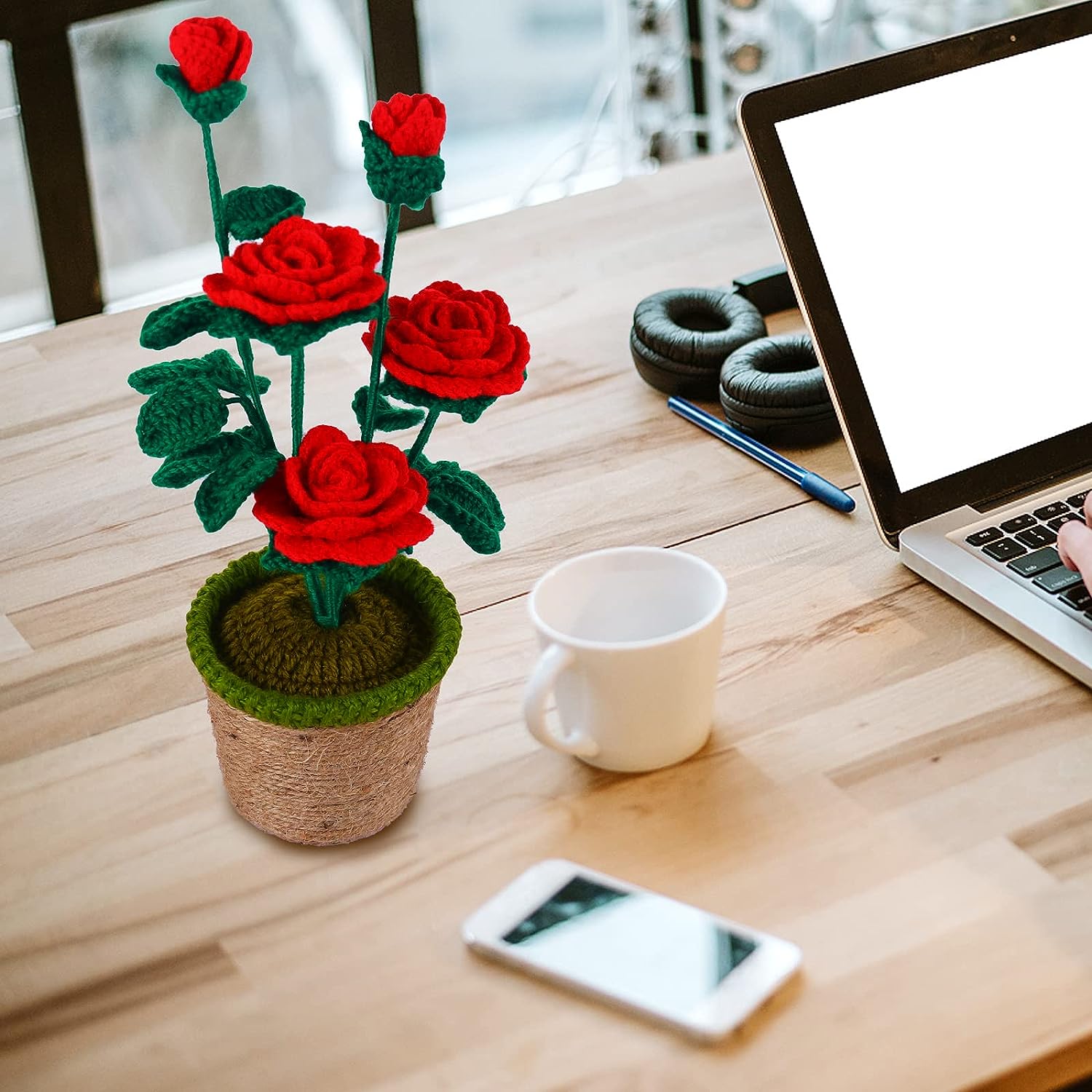 Foto 5 | Venta Internacional - Flores De Ganchillo Con Jarrón Para Decoración De Escritorio Y Estantería