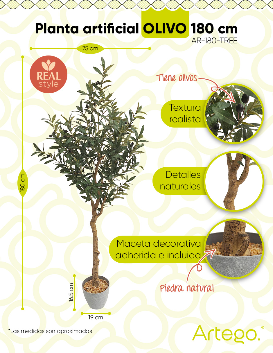 Foto 3 pulgar | Planta Artificial Decorativa Moderna Con Maceta Olivo Grande De 180cm De Alto Artego Para Hogar Sala Comercio Oficina