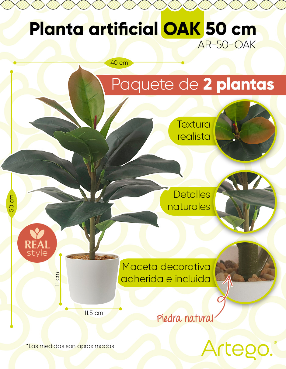 Foto 3 pulgar | Planta Artificial Moderna Con Maceta Decorativa Real Style Compacta Pack De 2 Unidades Oak De 50cm De Alto Artego