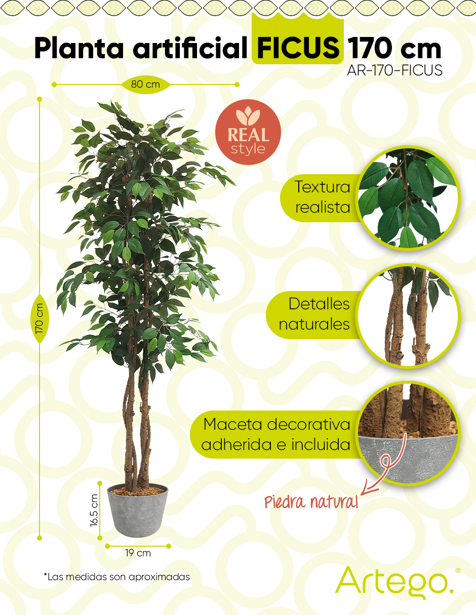 Foto 3 pulgar | Planta Artificial Decorativa Moderna Con Maceta Ficus Grande De 170cm De Alto Artego Para Hogar Sala Comercio Oficina