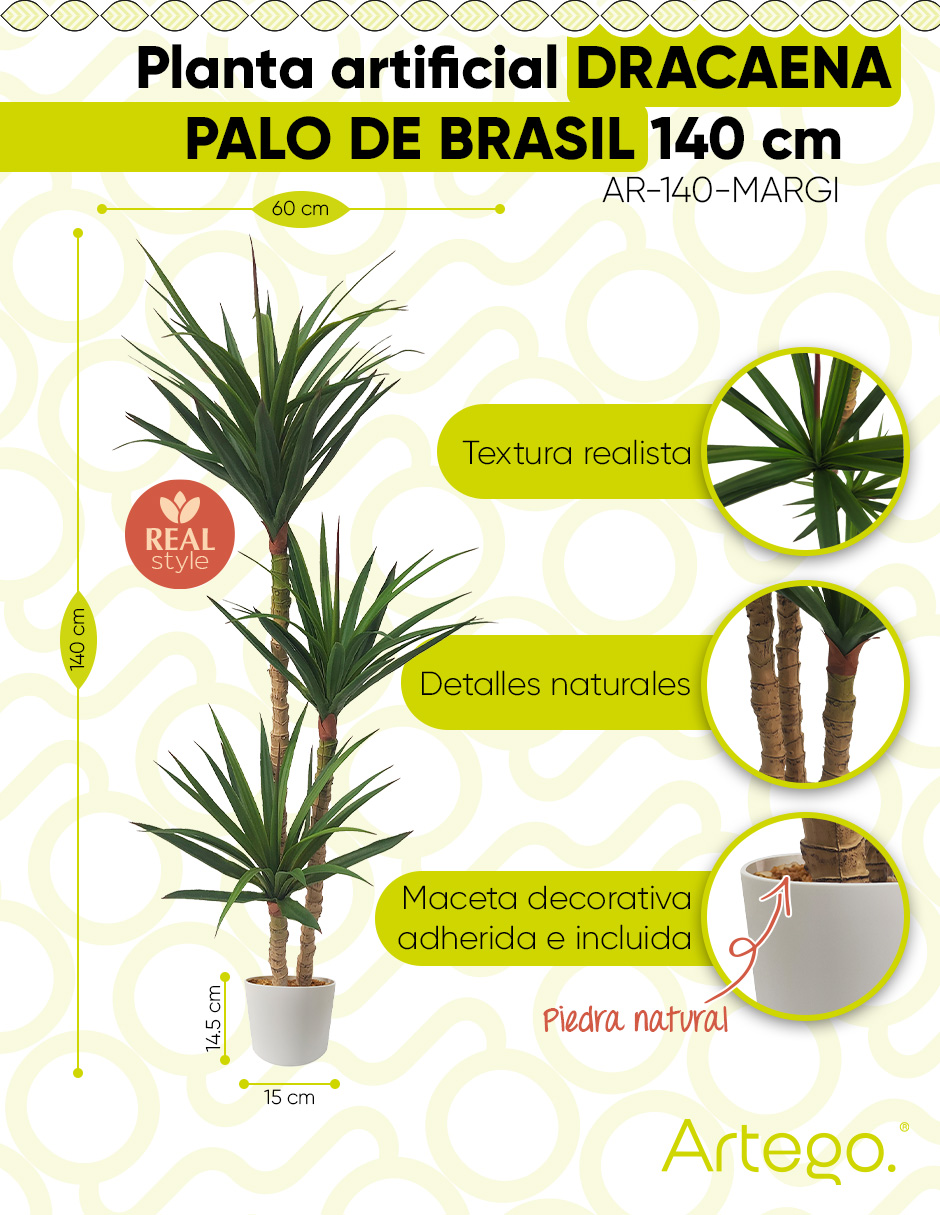 Foto 3 pulgar | Planta Artificial Decorativa Moderna Con Maceta Dracaena Palo De Brasil De 140cm De Alto Artego Para Hogar Sala