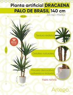 Foto 2 | Planta Artificial Decorativa Moderna Con Maceta Dracaena Palo De Brasil De 140cm De Alto Artego Para Hogar Sala