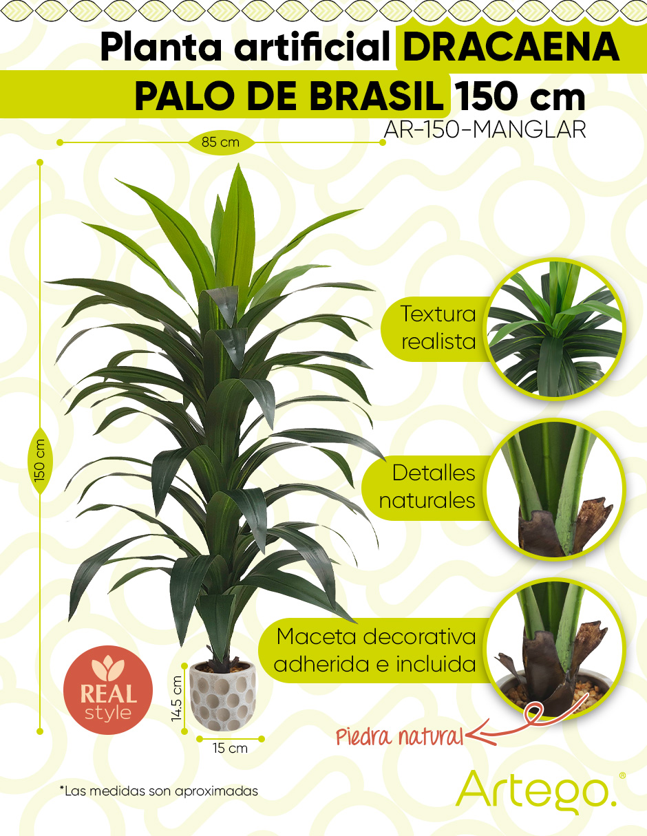 Foto 3 pulgar | Planta Artificial Decorativa Moderna Con Maceta Dracaena Palo De Brasil Grande De 150cm De Alto Artego