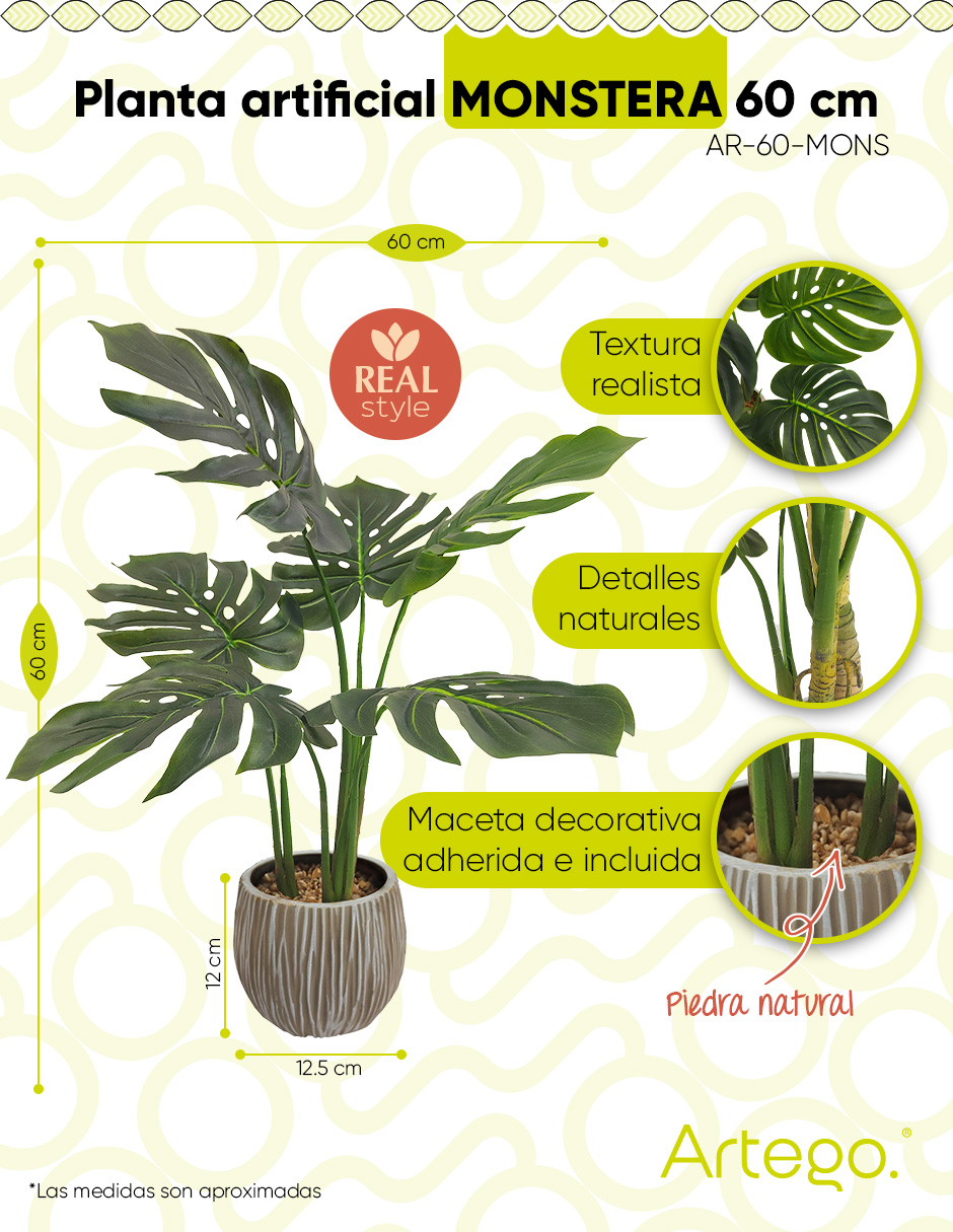 Foto 3 pulgar | Planta Artificial Decorativa Moderna Con Maceta Compacta Monstera De 60cm De Alto Artego Para Hogar Sala Comercio Ofici